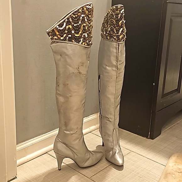 Vintage Over-The-Knee Genuine Leather Boots, Sz 8M Silver w/Top Black/Gold/Silve